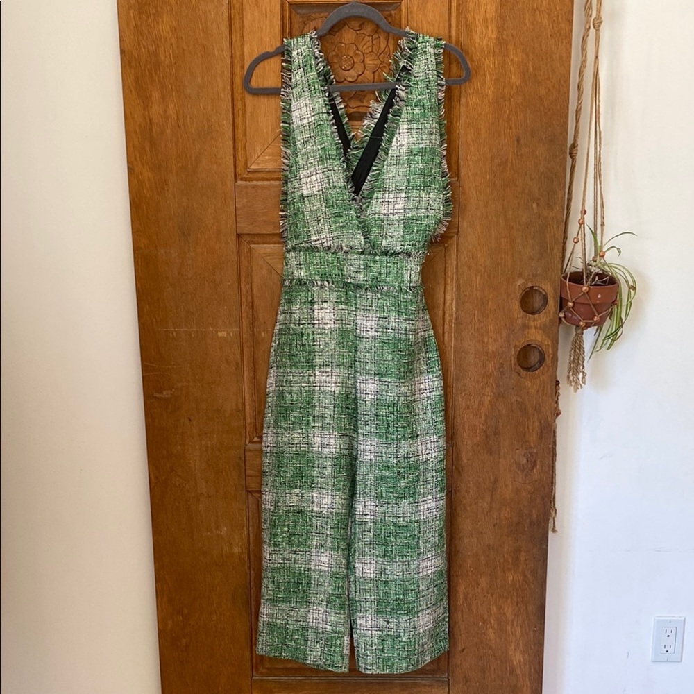 Elegant Green and White Tweed Dress